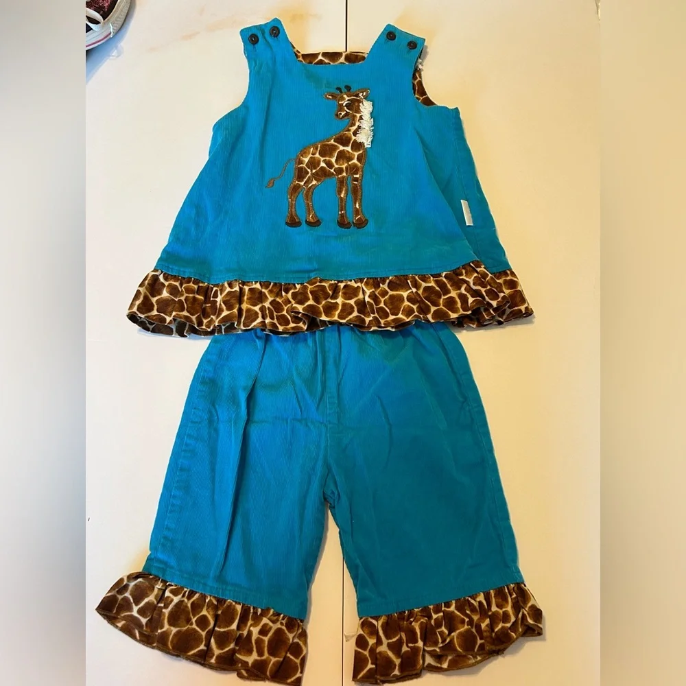 The Bailey Boys Blue Soft Corduroy Giraffe appliqué Leopard Print Trim Size 12 M